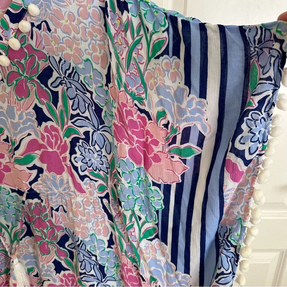 Crown & Ivy Size Large Floral Kimono Sleeve Caftan Dress Swim Cover Up Pom Pom L - Picture 6 of 8